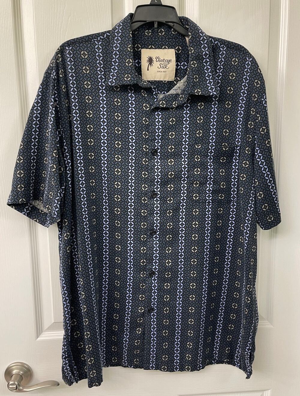 Vintage Silk Men's short sleeve button shirt blue Stripe XXL vacation resort
